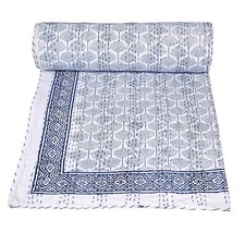 Indian Hand Block print Kantha Quilt Blanket Cotton King Size Bedspread throw