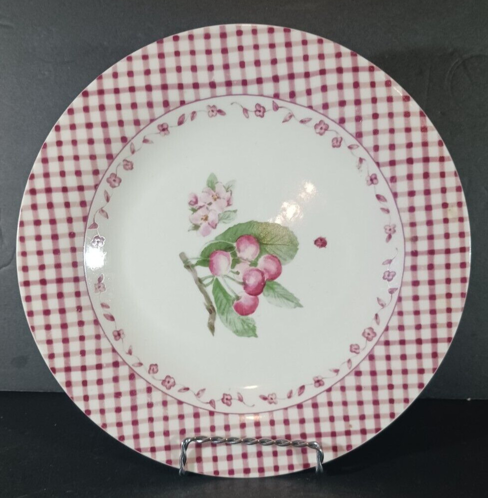 Pfaltzgraff DELICIOUS Cherries SALAD PLATE Red White Gingham Pattern 8 3/4"