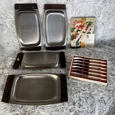 Vintage Stainless Steel & Wood MCM Single Server Snack/Appetizer w/ Spreaders