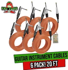 Guitar Cables (6 Pack) Right Angled Instrument Cord FAT TOAD | 20FT 1/4 Quarter