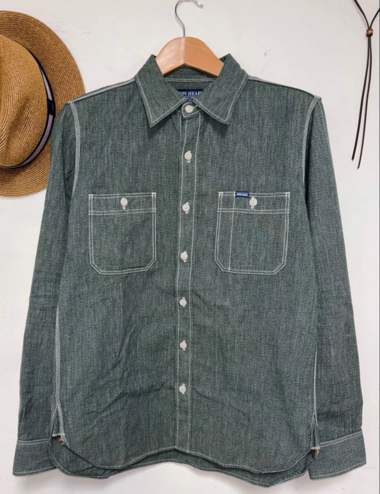 Camisa de trabajo Iron Heart IHSH-290-GRN - 10 oz ribete torcido falso cambray - Grande Foto 2 de 4