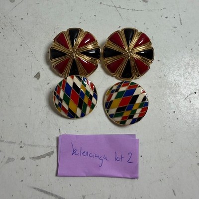 Balenciaga Paris Multicolor Enamel Floral Gold Tone Clip-On Earrings - Lot of 2