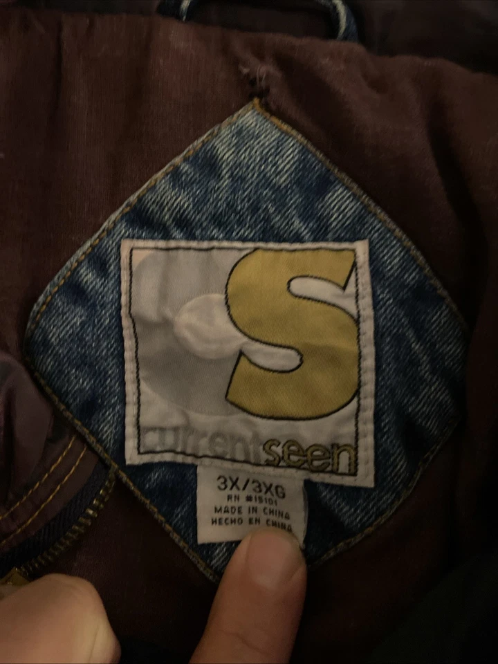 Chaqueta Vintage Current Seen Para Hombre 3X/3XG Azul Denim Forrado Abrigo Bombardero Años 90 Foto 3 de 4