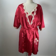 Secret Treasures 2 Pc Nightgown Robe Y2K Satin Lingerie Red Lace Sequins 12/14