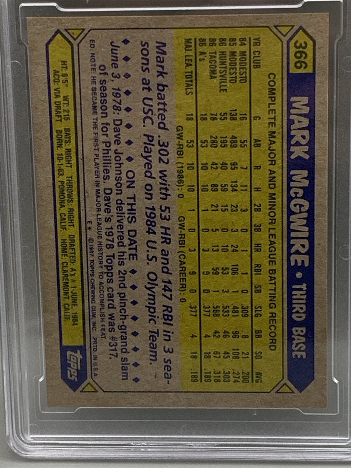 1987 Topps - Mark McGwire #366 Rookie Graded Gem Mint 10! view 4