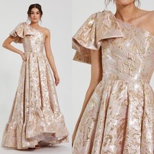 NWT Mac Duggal Pink Gold Brocade One Shoulder Floral Gown With Bow $798 - Size 2