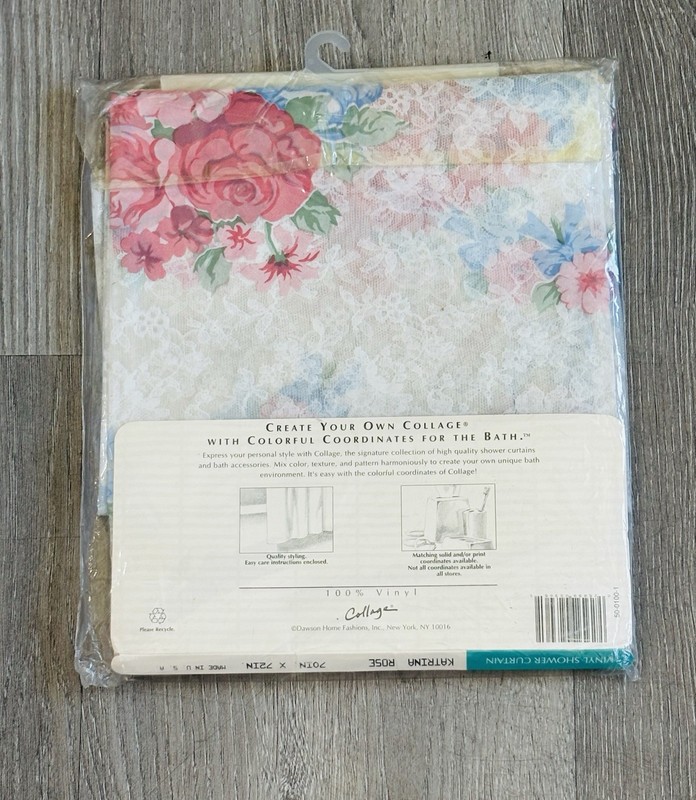 Vintage 90s Collage Vinyl Shower Curtain Katrina Rose 70"x72” NOS USA Lace