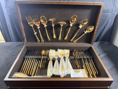 77pc Gold Plated Flatware Set   Home Concepts Japan   Complete w/ Wooden Chest 