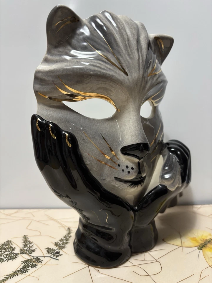 Candelabro Máscara Mardi Gras Gato Cerámica Vintage Años 80? Firmado pintado a mano Foto 3 de 4