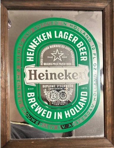 Vintage HEINEKEN beer Sign Bar Mirror Wood Frame 10 x 13.5" EUC