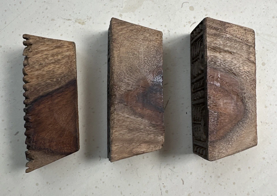 Lote de 3 sellos textiles tallados a mano pequeños bloques de impresión de tela de madera vintage Foto 2 de 4