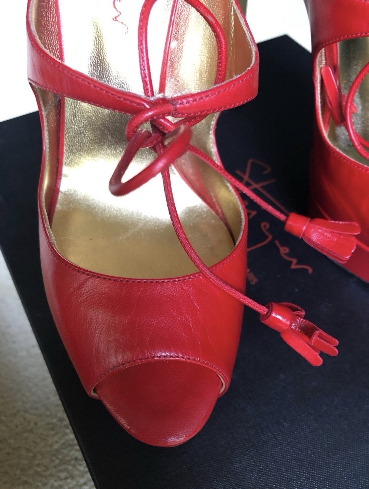 WALTER STEIGER Red Leather CURVED HEEL Platform Shoes Sz 37 image 8