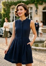 J.Crew Coastal Preppy Cottagecore Navy Eyelet Lace Sleeveless Fit Flare Dress 2