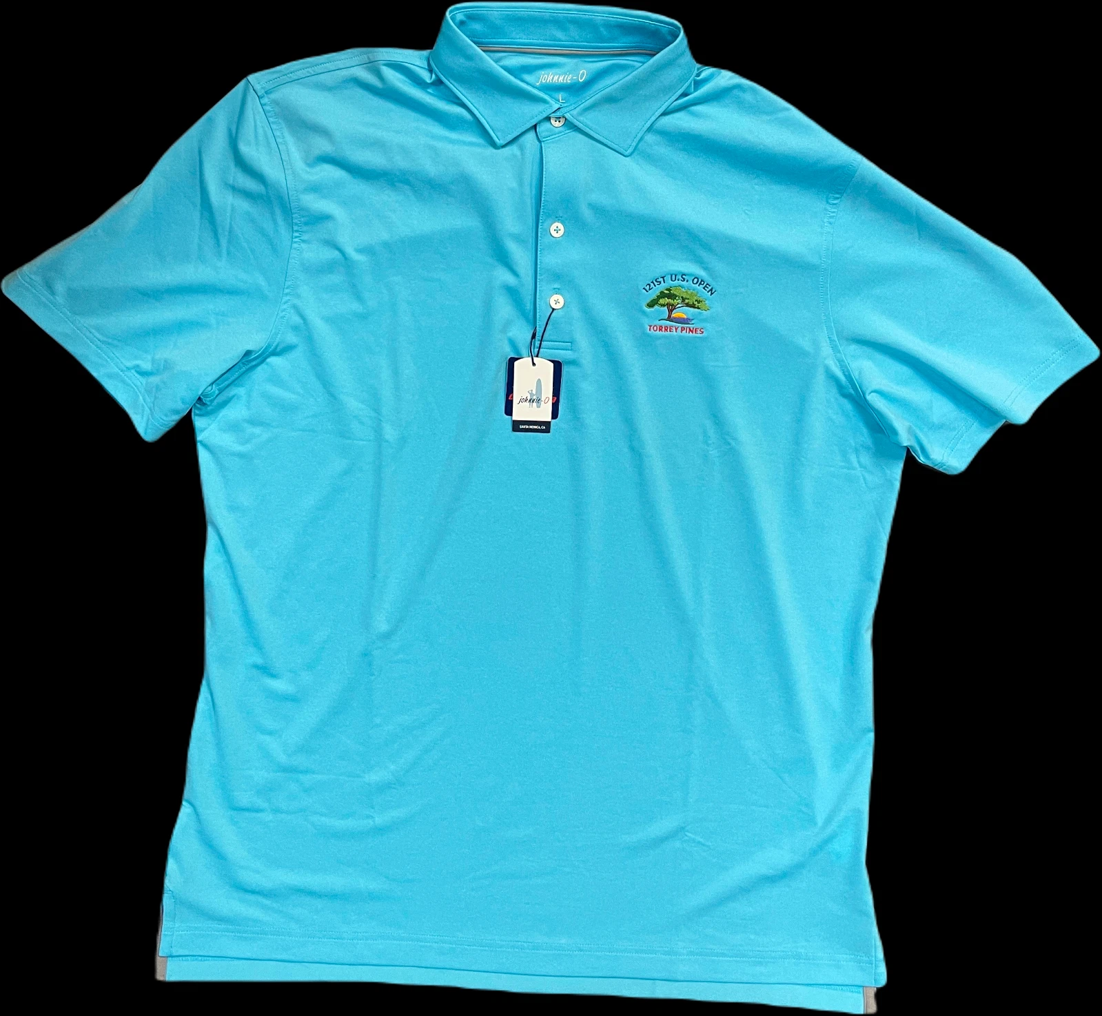 NWT JOHNNIE-O $128 121st U.S. OPEN BIRDIE JERSEY PERFORMANCE POLO IN BLUE SZ L
