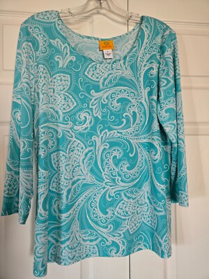 Ruby Rd. Tunic Size Large Aqua Blue White Texture Paisley Print 3/4 Sleeve EUC