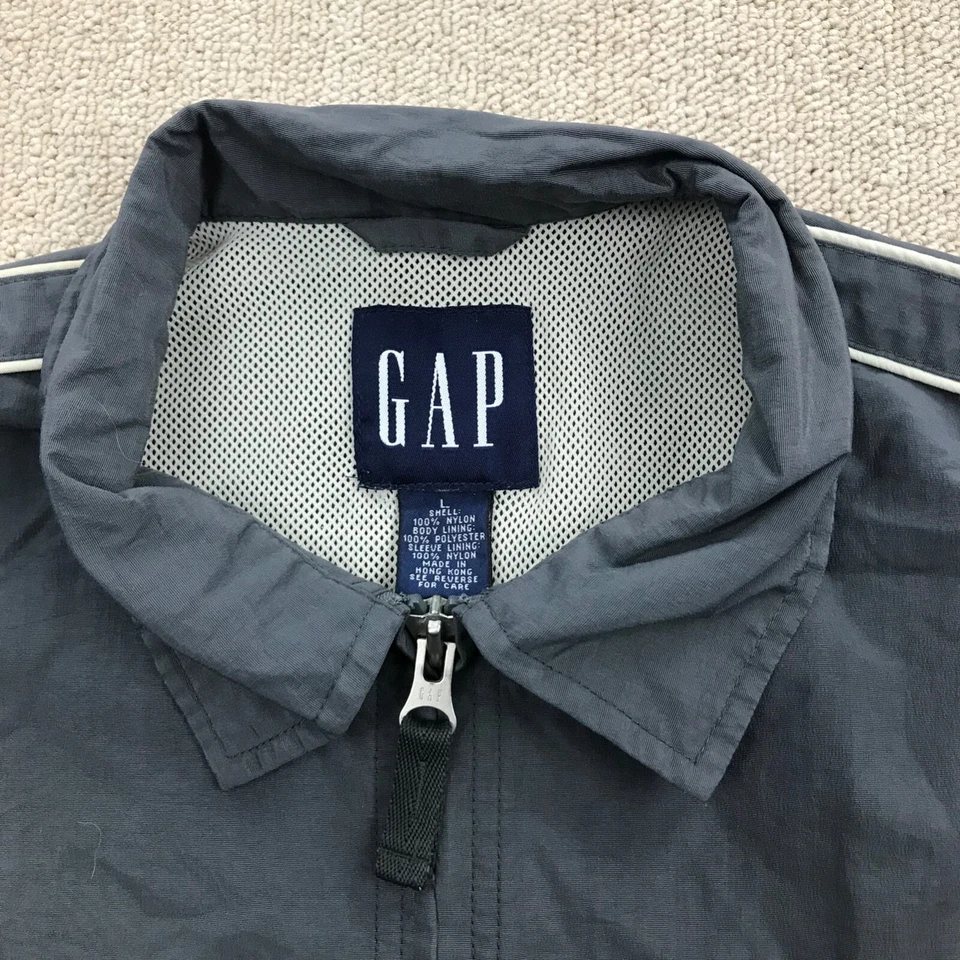 Chaqueta cortavientos vintage Y2K Gap para hombre grande gris nailon cremallera malla forrada bombardero Foto 3 de 4