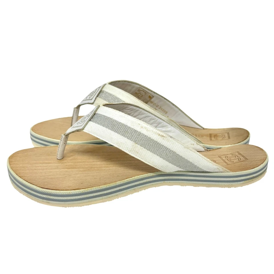 CHANEL Sport винтажный 06C CC логотип стринги сандалии #36 белое серебро дерева резины - Изображение 2 из 4