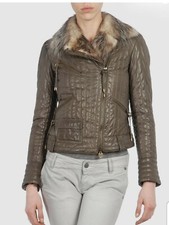 Bally Nappa Lamb Leather Quiltted Biker Jacket With Fox Fur Collar Size 34