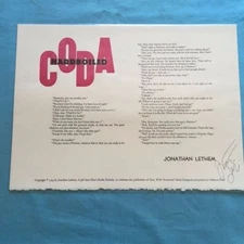 CODA HARDBOILED - SIGNED BROADSIDE BY JONATHAN LETHEM 