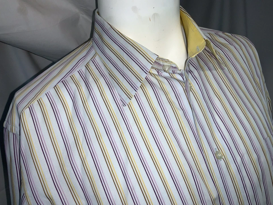 Camisa Ghirardelli Puño Abatible XL 16 34 Azul Púrpura Rayas Algodón Italia YGI H0-384 Foto 3 de 4