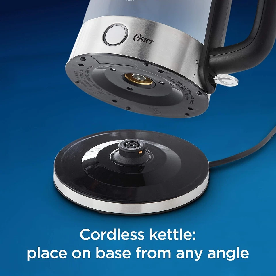 全新 Oster 无绳玻璃水壶 电动茶水,自动关机,1.7 升,1500 瓦 — 第 2/4 张图片