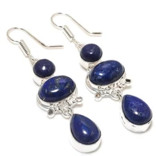 Lapis Lazuli  Gemstone Handmade 925  Sterling Silver Jewelry Earrings Sz 2.40"