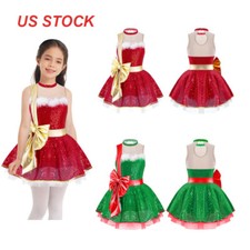 Girls Holiday Christmas Santa Costume Figure Skating Ballet Dance Leotard Dress