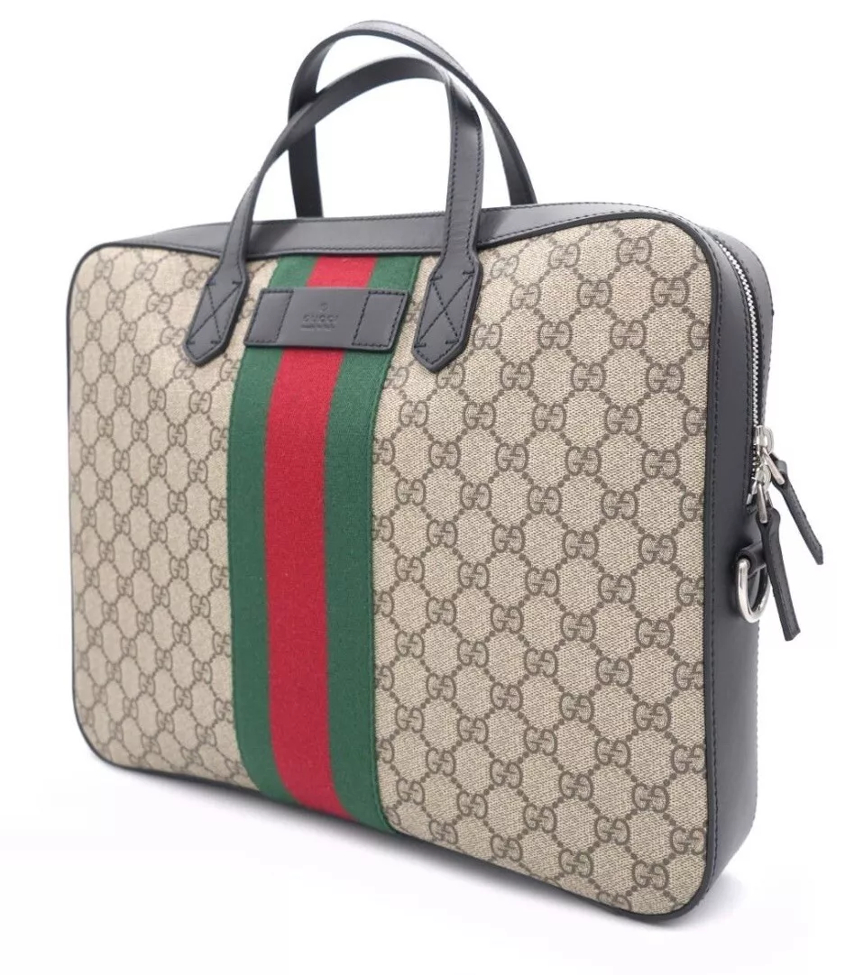 Porte documents portefeuille GUCCI marron toile cuir rabat toile micro GG monogramme rayures