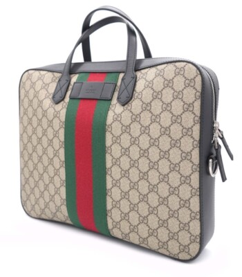 GUCCI Brown Canvas Leather Web Flap Micro GG Monogram Stripe Portfolio Briefcase