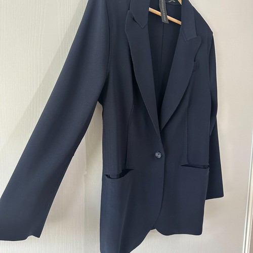 Norma Kamali Single Breasted Jacket Raw Edge Padded Shoulders Blue Size Large - Picture 3 of 9