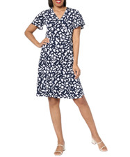Susan Graver Women's Liquid Knit Faux Wrap Dress Navy Geo
