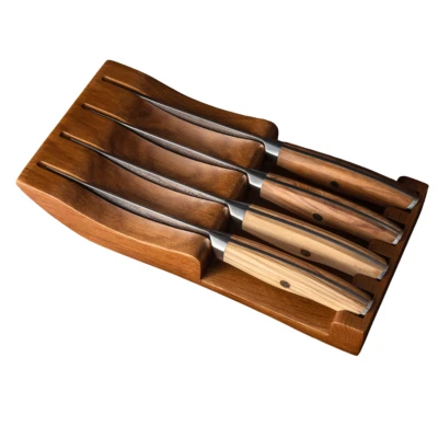 Damaskus Steakmesser-Set 4-tlg. mit Olivenholzgriff und Holzständer - Bild 1 von 4