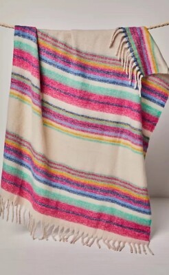 FREE PEOPLE Fringe Throw Blanket  Pink Blue White Stripes Valentines easter gift