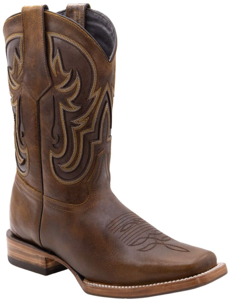 Men Genuine Leather Ranch Square Toe Brown Western Boots 