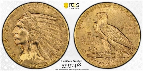 1909 Indian Head $5 Gold Half Eagle PCGS MS64