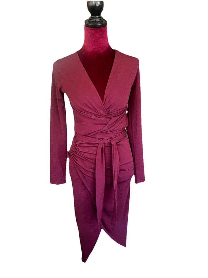 SHEIKE Burgundy Wine Stretch Ruched Wrap Style Midi Dress Cocktail Party Size 8 - image 4 of 4