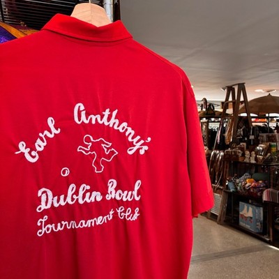 1970s Vintage BOWLING SHIRT Red Chain Stitched Earl Anthony's Dublin Bowl Polo