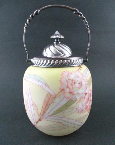 PEONIES - Antique CROWN MILANO Mt.Washington - art glass BISCUIT cracker JAR - Picture 2 of 10