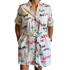 NY and Company Womens White Love Script Button Down Shirt Dress Belted L