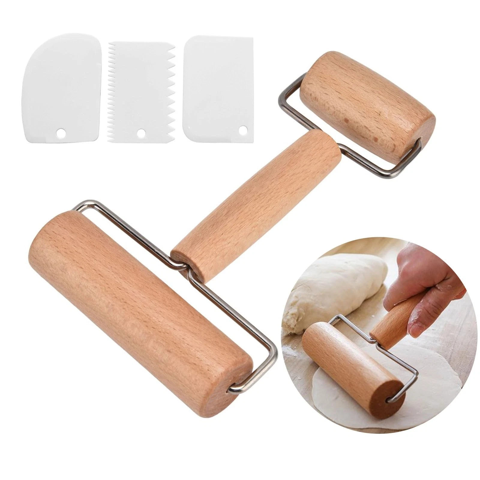 Rolling Pin Wooden Dough Roller Small and Medium Dough Roller with 2 Rollers and...
