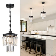 Small Chandelier Light Fixture, Black Crystal Pendant Light, 2 Tiered 8" Mode...