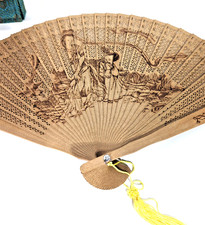 Vtg Wooden Asian Brise Hand Fan Cut out design W/box Oriental Souvenir Delicate