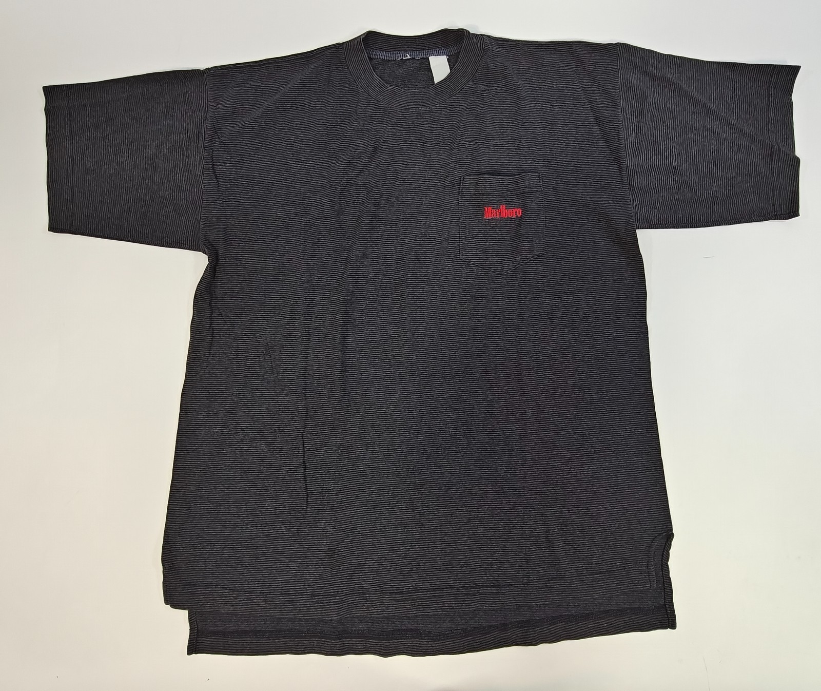 Marlboro, Vintage Marlboro Cigarettes Striped Pocket T-Shirt Men's XL 90's Black Gray