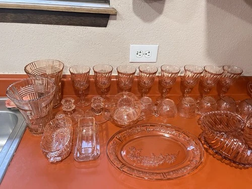 Pink depression Glass Dish Set, vintage Dinnerware Collection + more