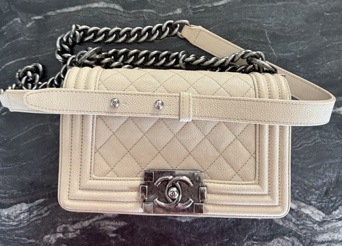 CHANEL BOY Small Shoulder Chain Beige Quilted Flap Grained Leather Crossbody