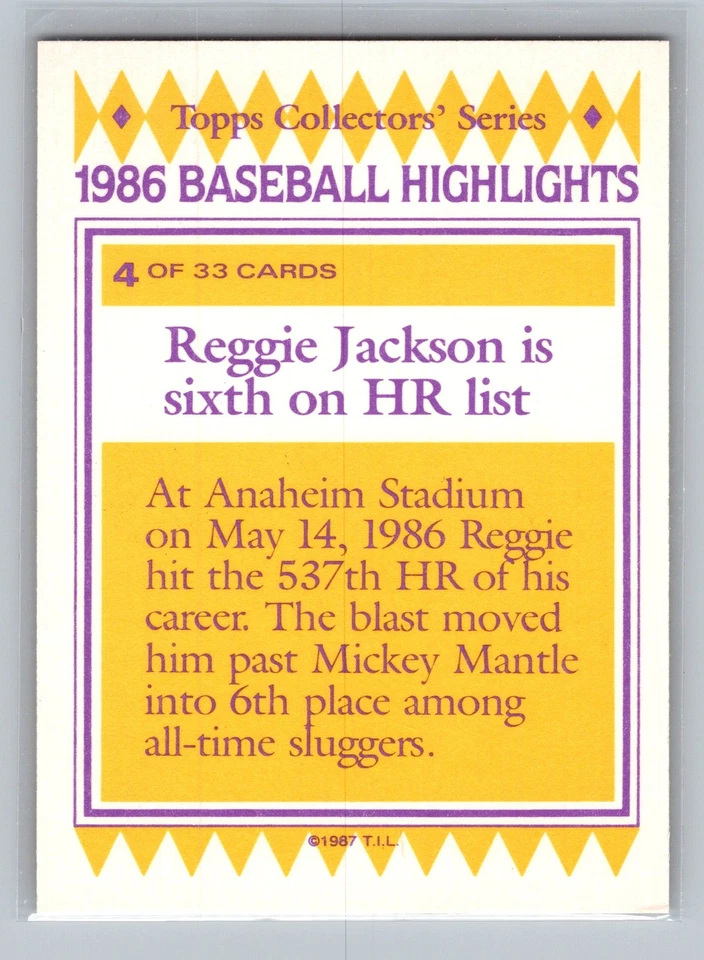 1987 Topps Woolworth Baseball Highlights #4 Reggie Jackson California Angels - Image 2 of 2
