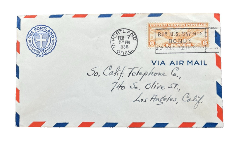 US SC C19  PORTLAND, OREGON AIR MAIL POSTAL COVER HISTORY 1936