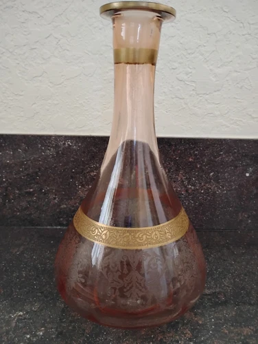 Pink Depression Glass  Decanter With Gold Trim And Hexagon Glass Stopper