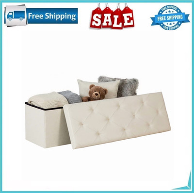 Gianna 43in Folding Storage Ottoman Bench Beige Bedroom Chest Foot Rest