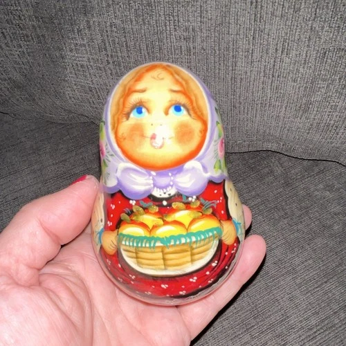 Hand-Painted Russian Matryoshka Nesting Doll, Floral Headscarf, Basket